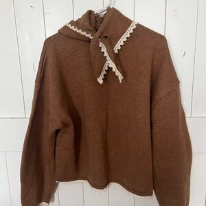 Zara Tan Cowl Neck Sweater with Lace Detail